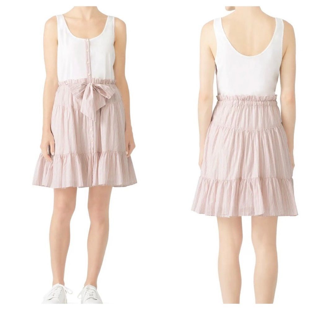 Sleeveless White Top Mini Dress with Light Pink Tiered Skirt and Waist Tie